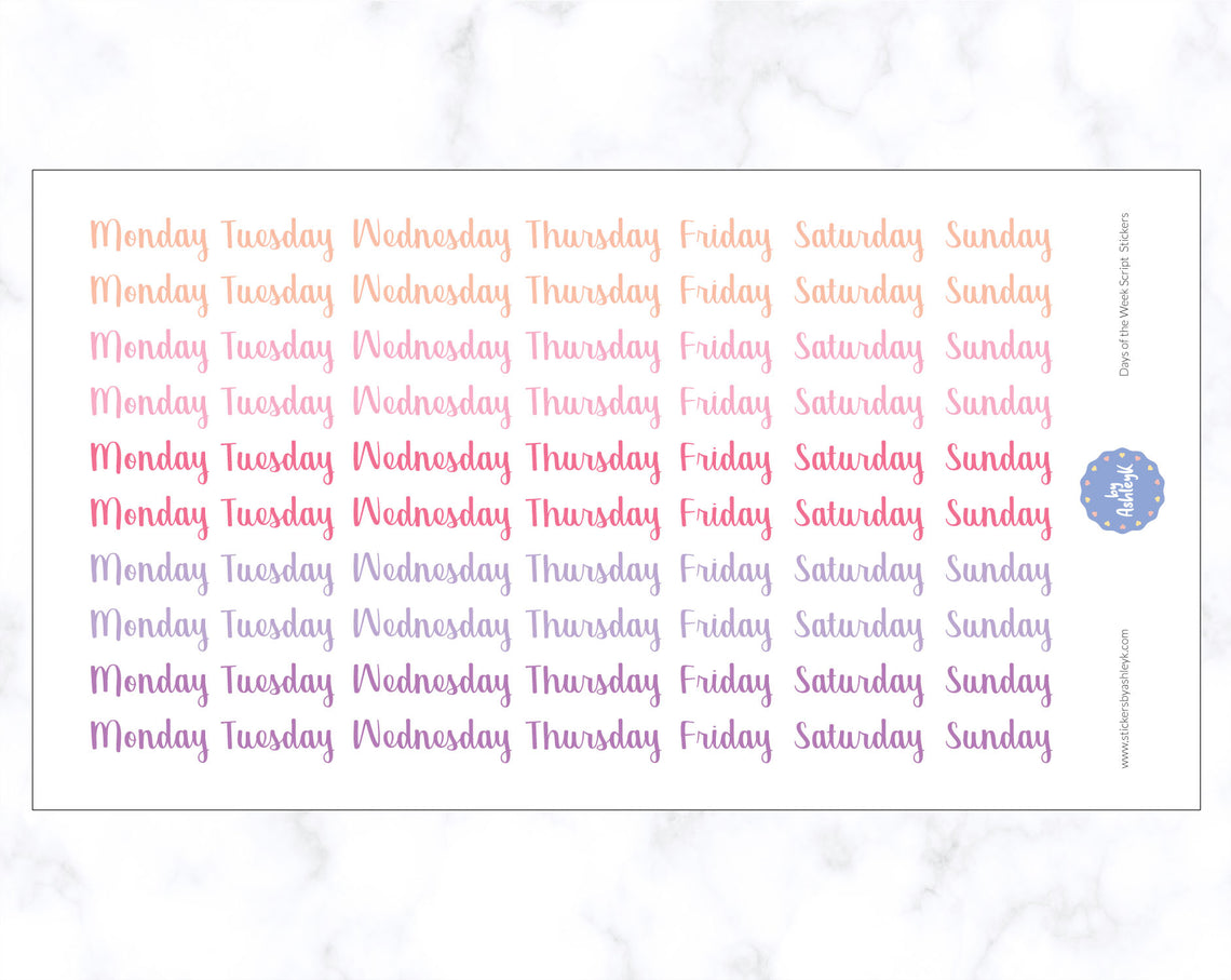 Days of the Week Script Stickers - Raspberry