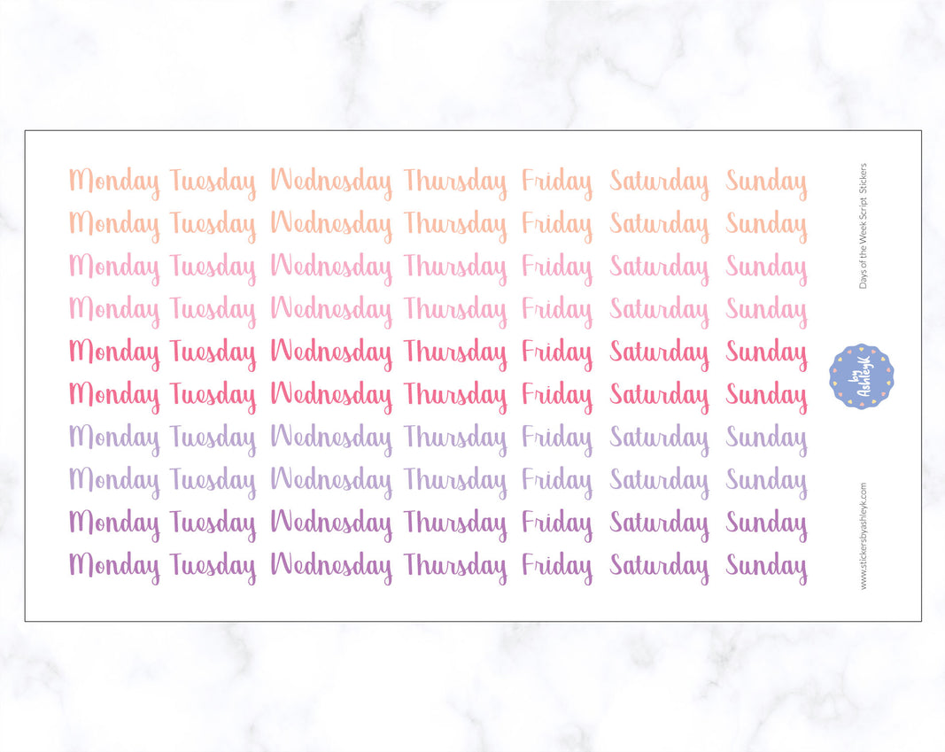 Days of the Week Script Stickers - Raspberry