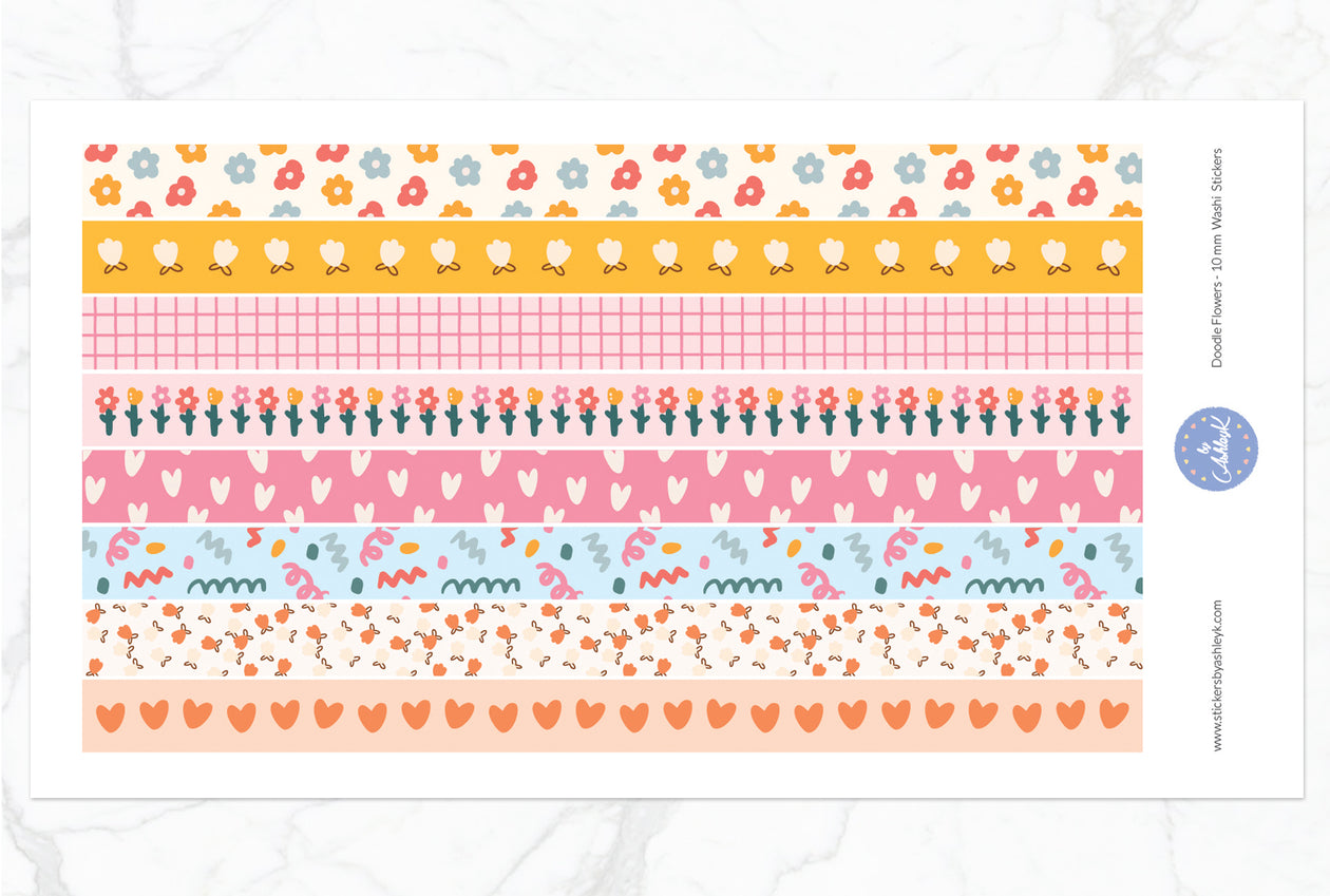 Doodle Flowers 10 mm Washi Stickers