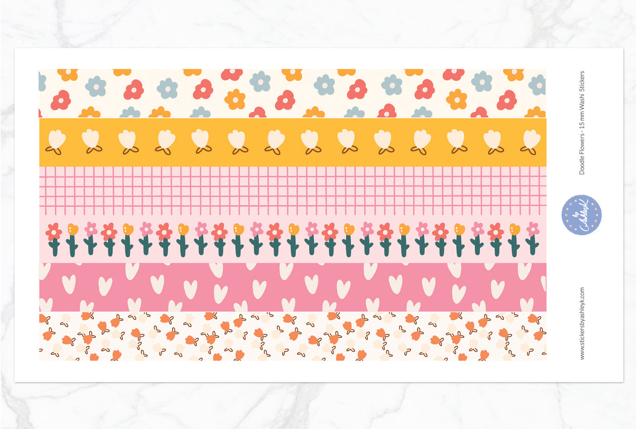 Doodle Flowers 15 mm Washi Stickers