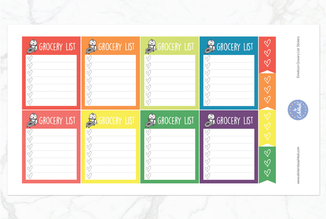 Emoticon Grocery List Stickers - Pastel Rainbow