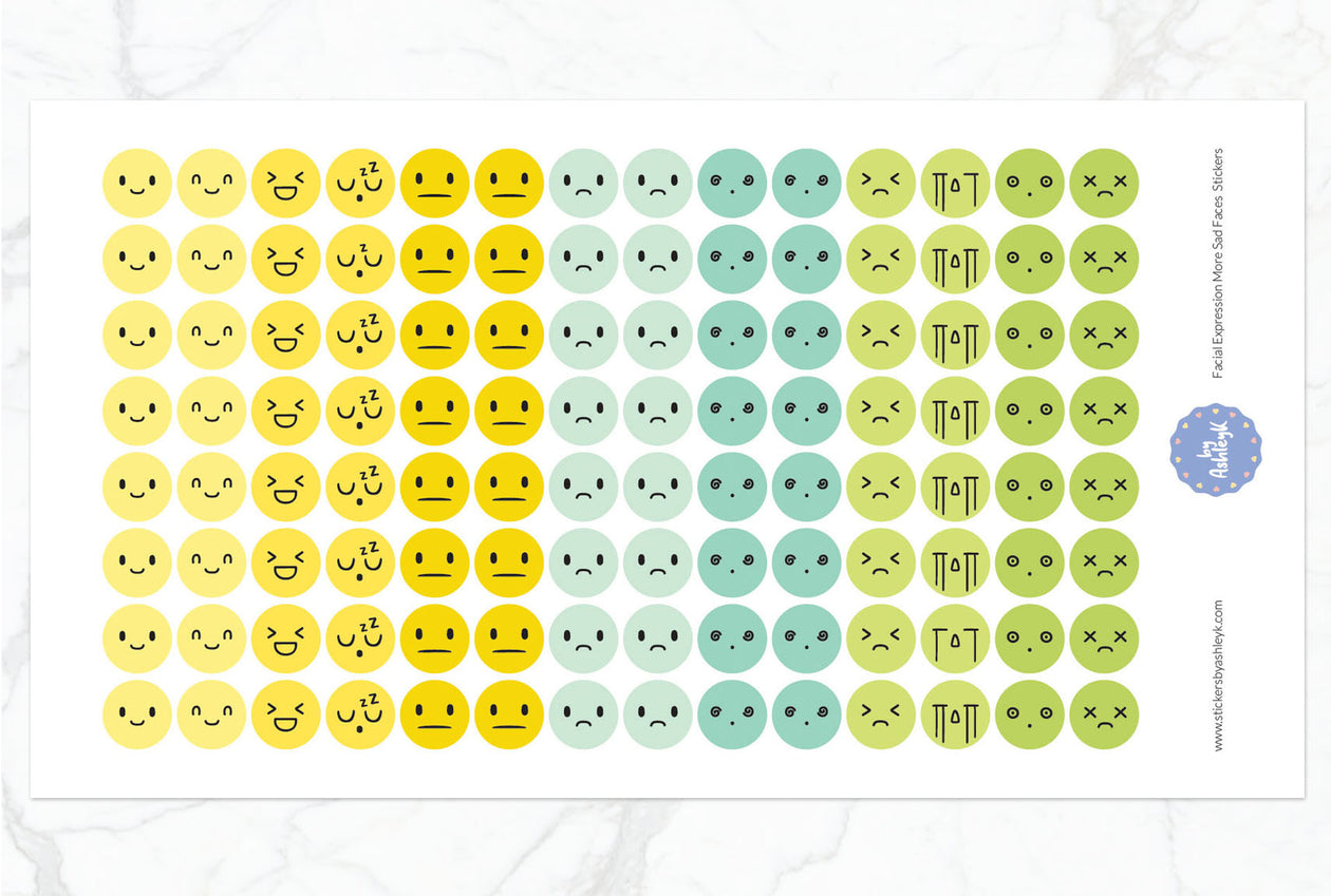 Facial Expressions More Sad Faces Round Planner Stickers - Lemon&Lime