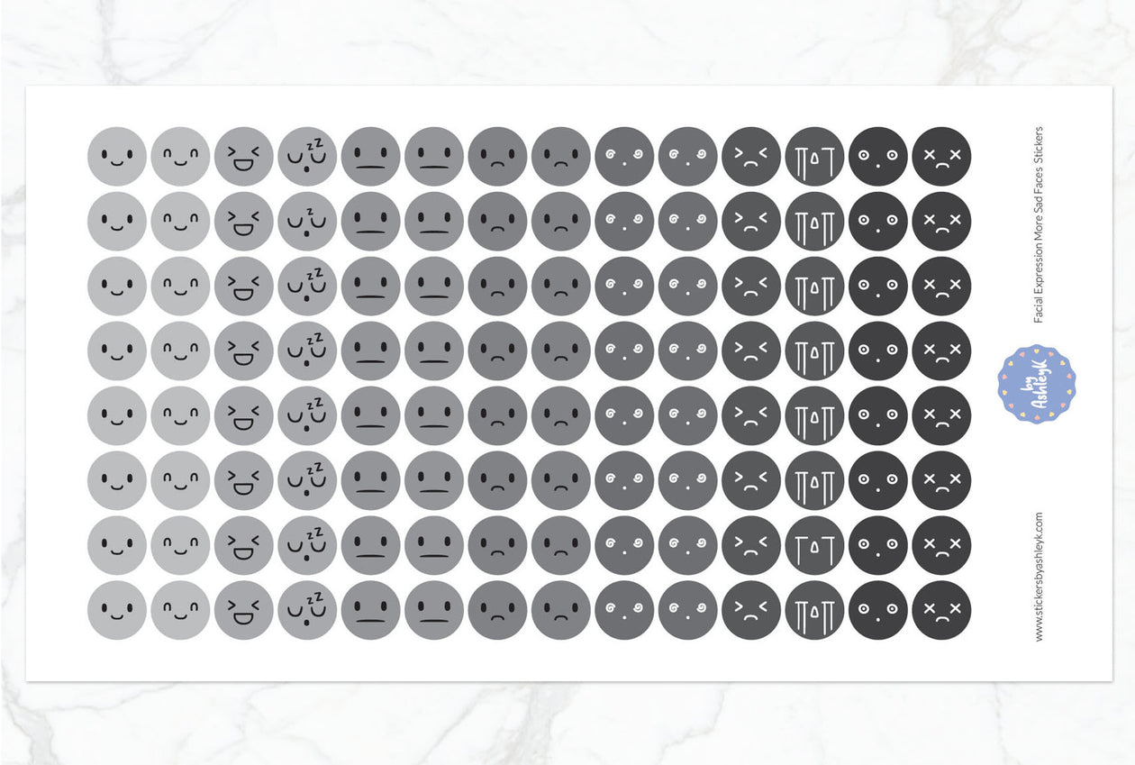 Facial Expressions More Sad Faces Round Planner Stickers - Monochrome