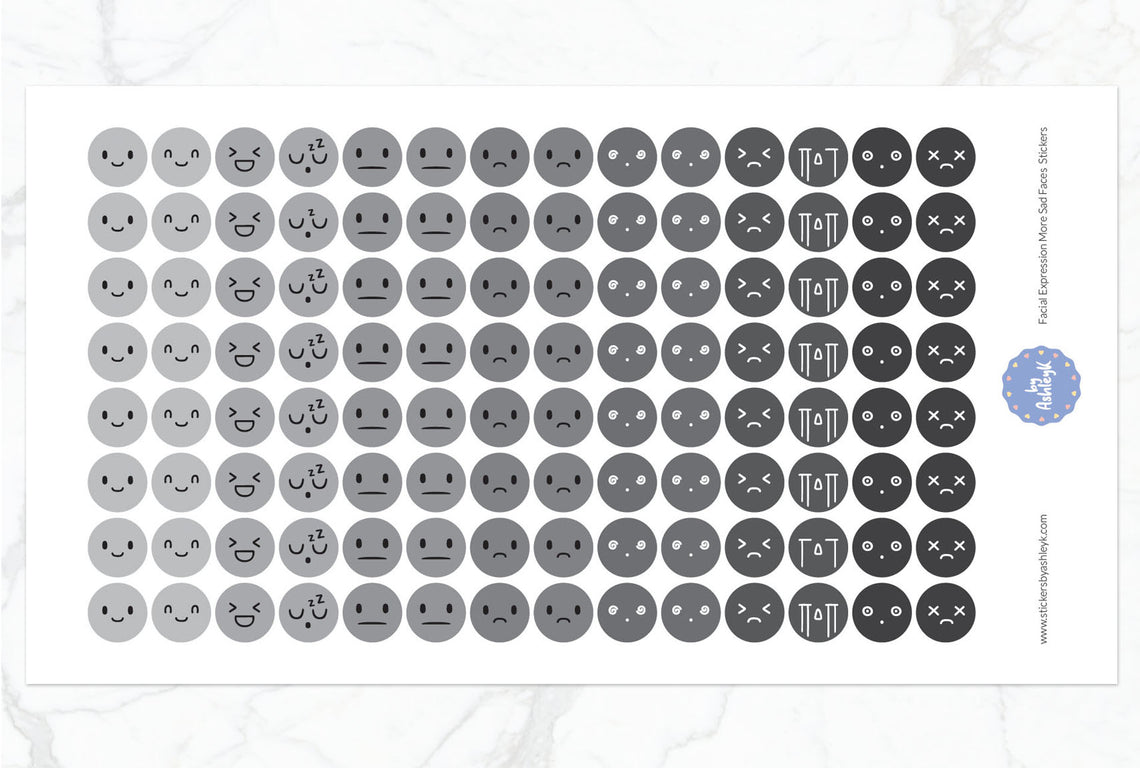 Facial Expressions More Sad Faces Round Planner Stickers - Monochrome