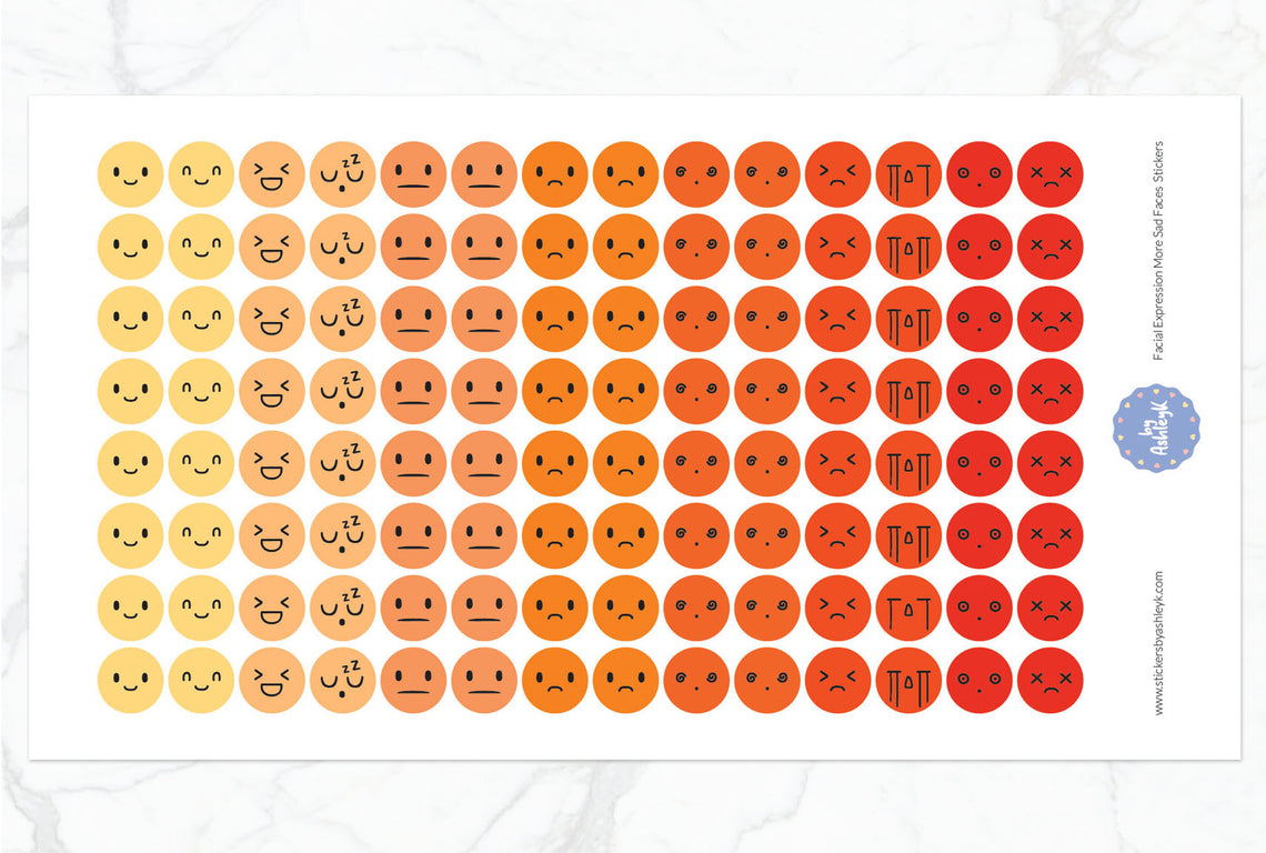 Facial Expressions More Sad Faces Round Planner Stickers - Orange