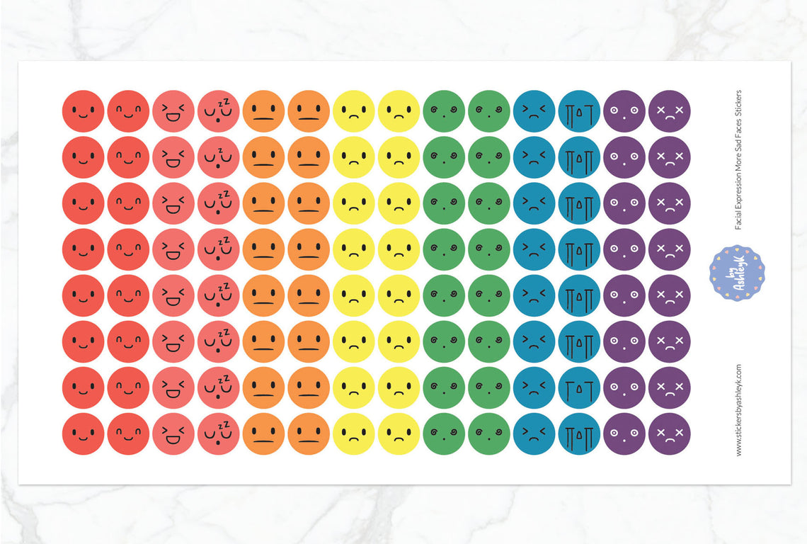 Facial Expressions More Sad Faces Round Planner Stickers - Pastel Rainbow