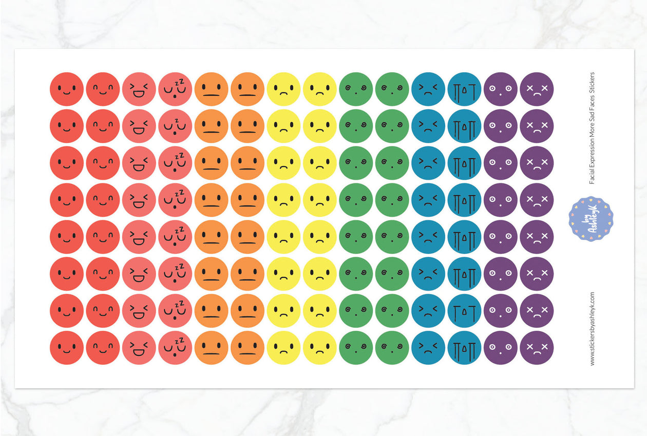 Facial Expressions More Sad Faces Round Planner Stickers - Pastel Rainbow