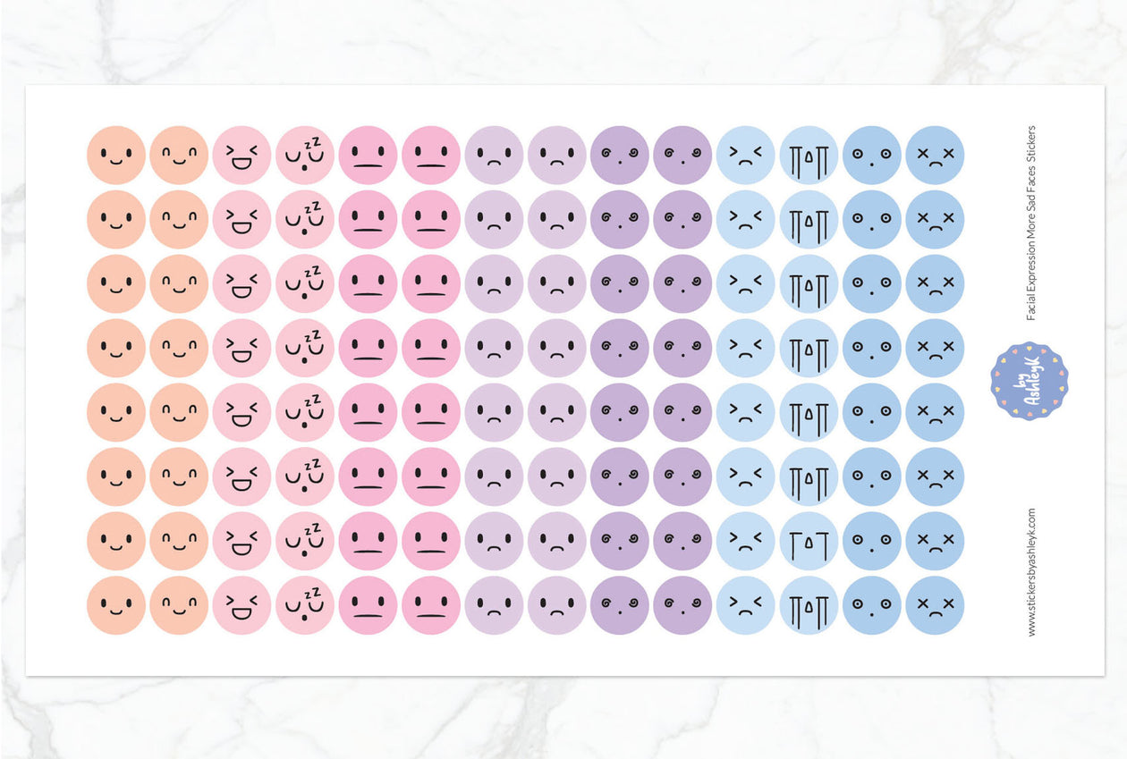 Facial Expressions More Sad Faces Round Planner Stickers - Pastel Sunset