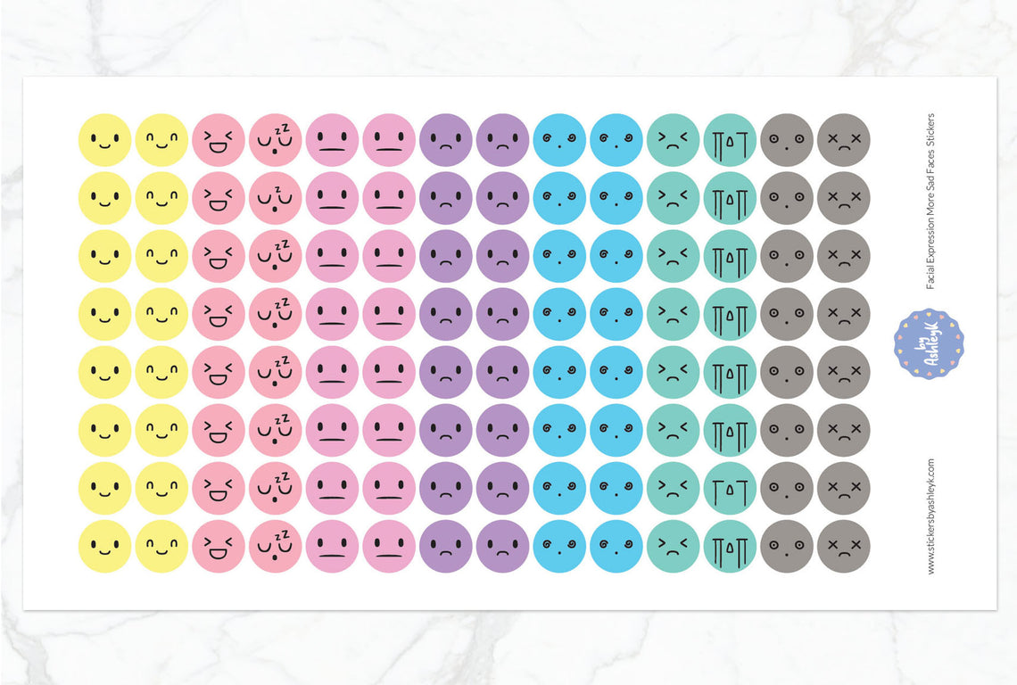 Facial Expressions More Sad Faces Round Planner Stickers - Pastel