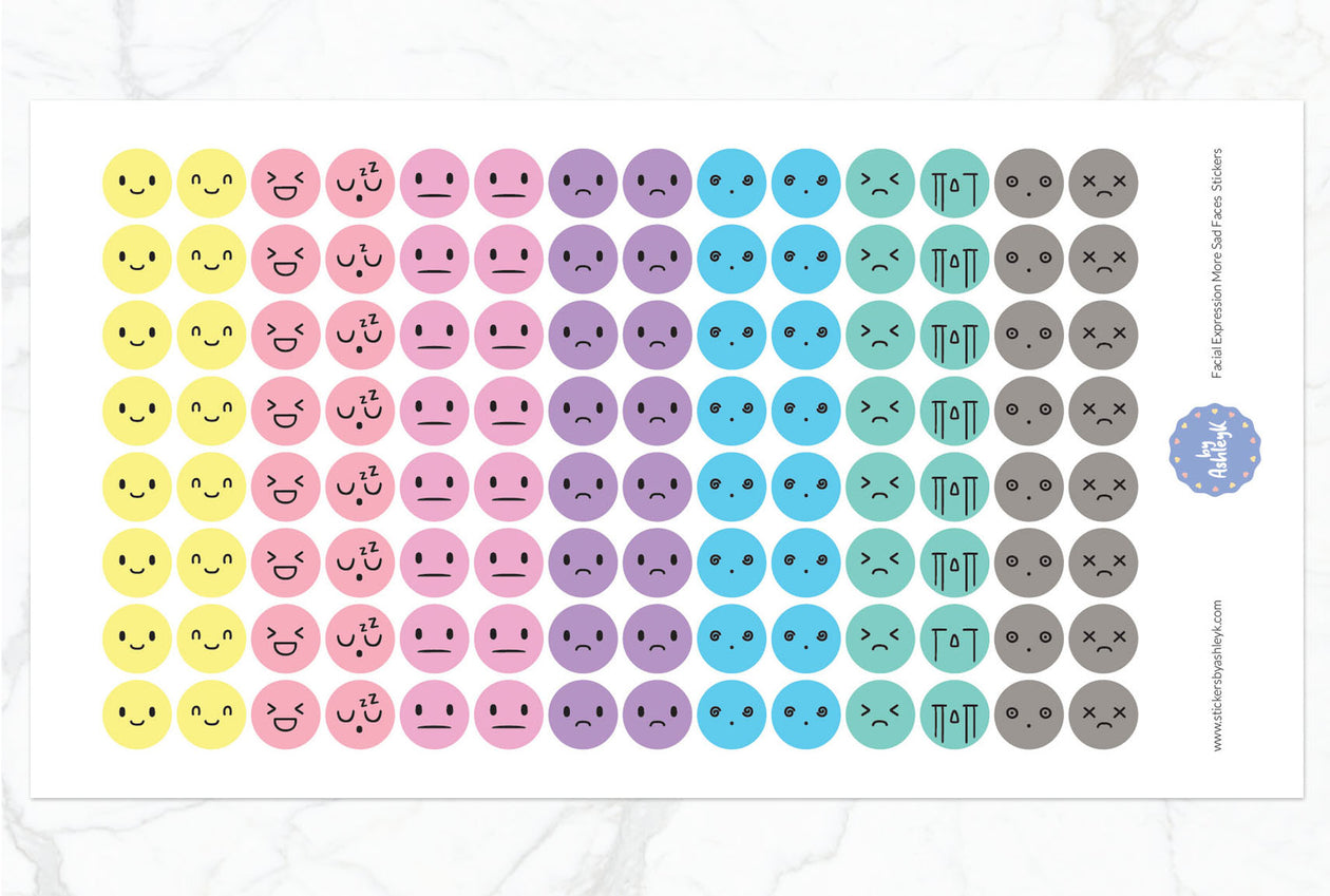 Facial Expressions More Sad Faces Round Planner Stickers - Pastel