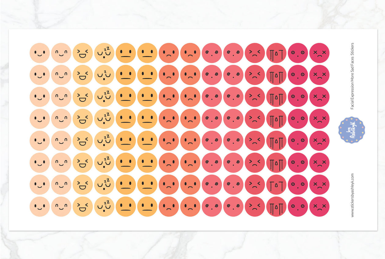 Facial Expressions More Sad Faces Round Planner Stickers - Peach
