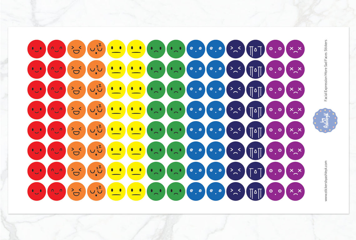 Facial Expressions More Sad Faces Round Planner Stickers - Rainbow