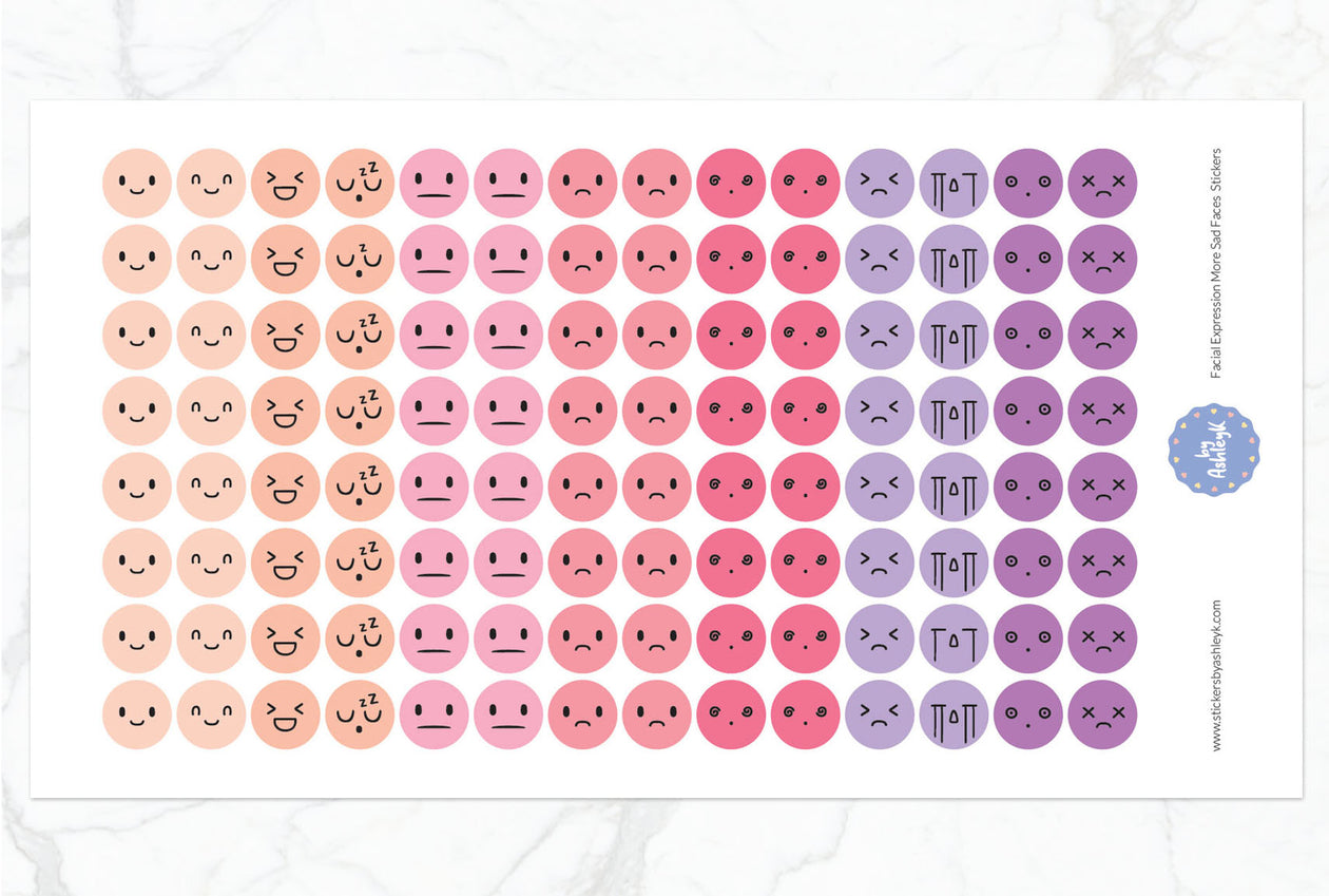 Facial Expressions More Sad Faces Round Planner Stickers - Raspberry