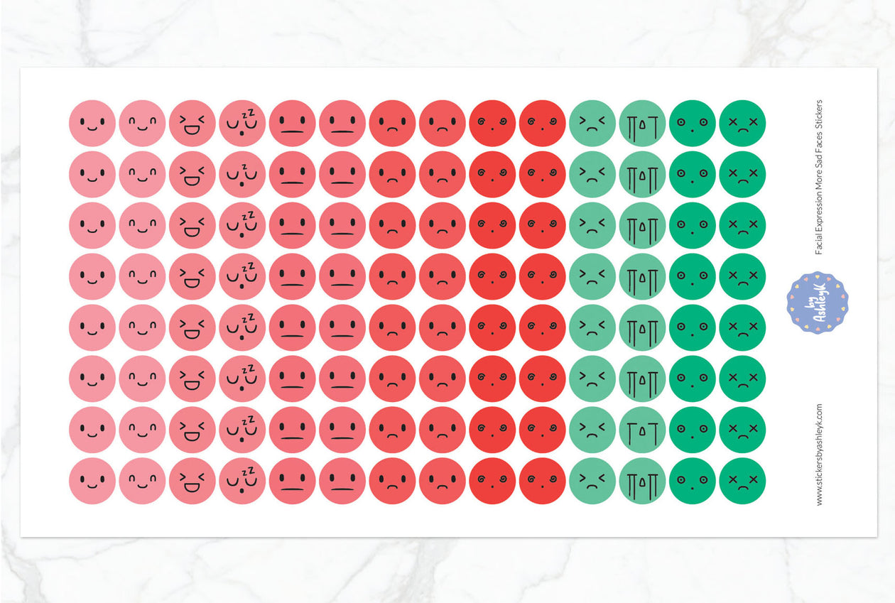 Facial Expressions More Sad Faces Round Planner Stickers - Watermelon