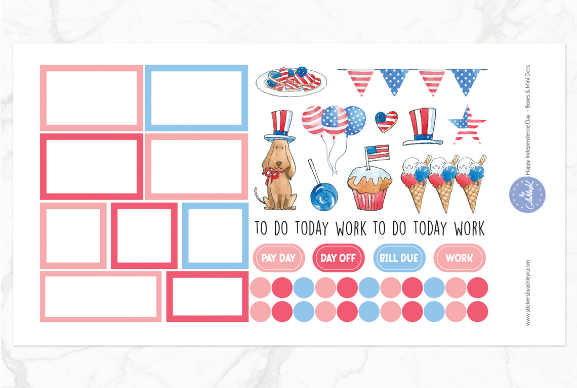 Happy Independence Day Weekly Spread Planner Stickers - Boxes & Mini Dots
