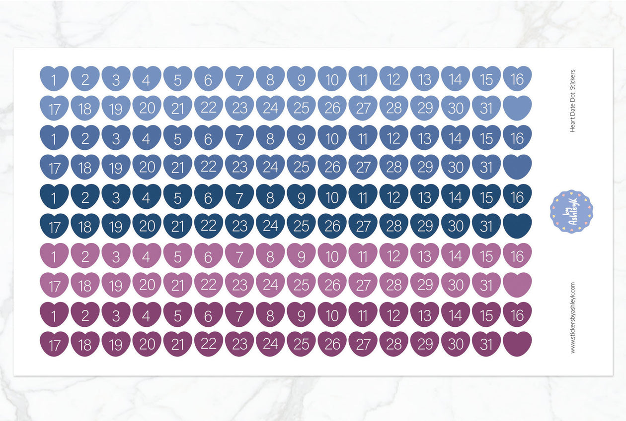 Heart Date Dot Planner Stickers - Blueberry