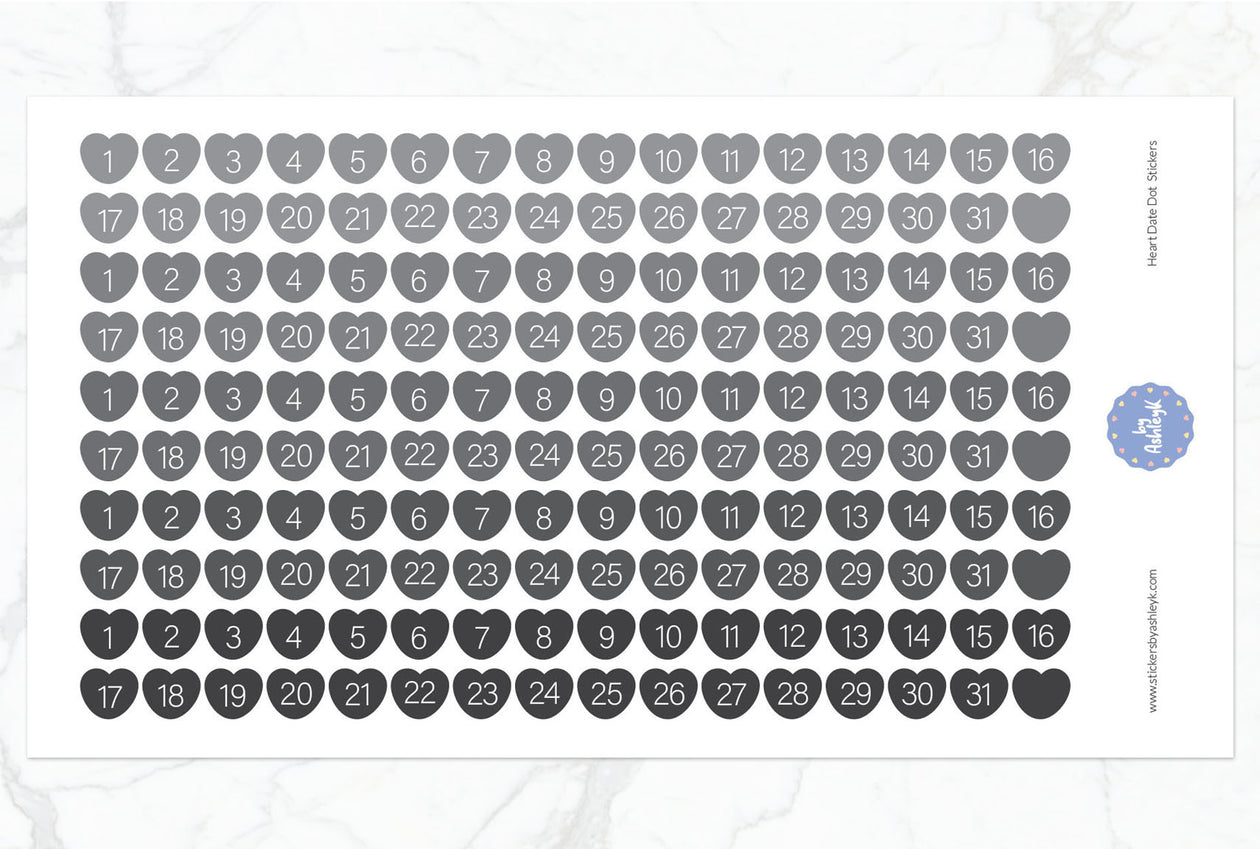 Heart Date Dot Planner Stickers - Monochrome