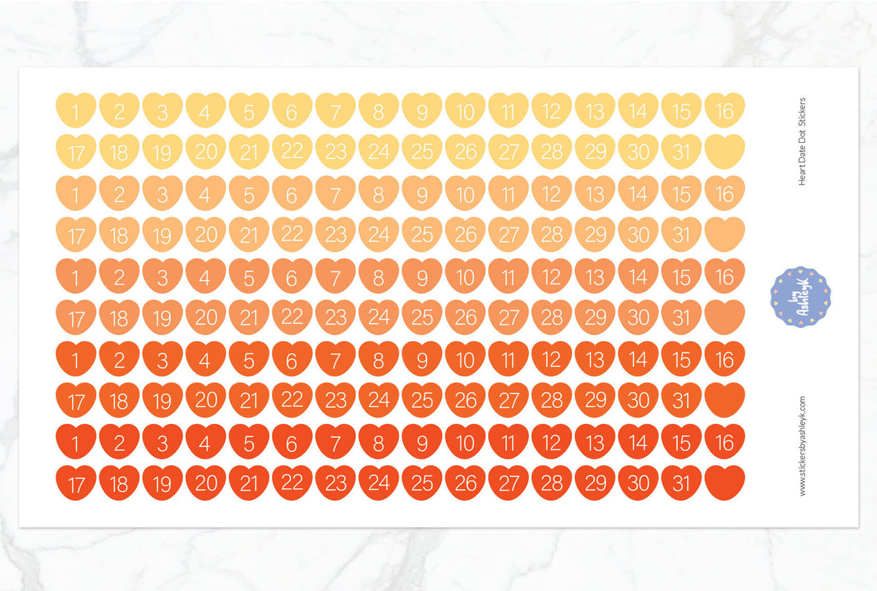 Heart Date Dot Planner Stickers - Orange