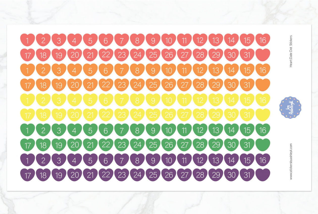 Heart Date Dot Planner Stickers - Pastel Rainbow