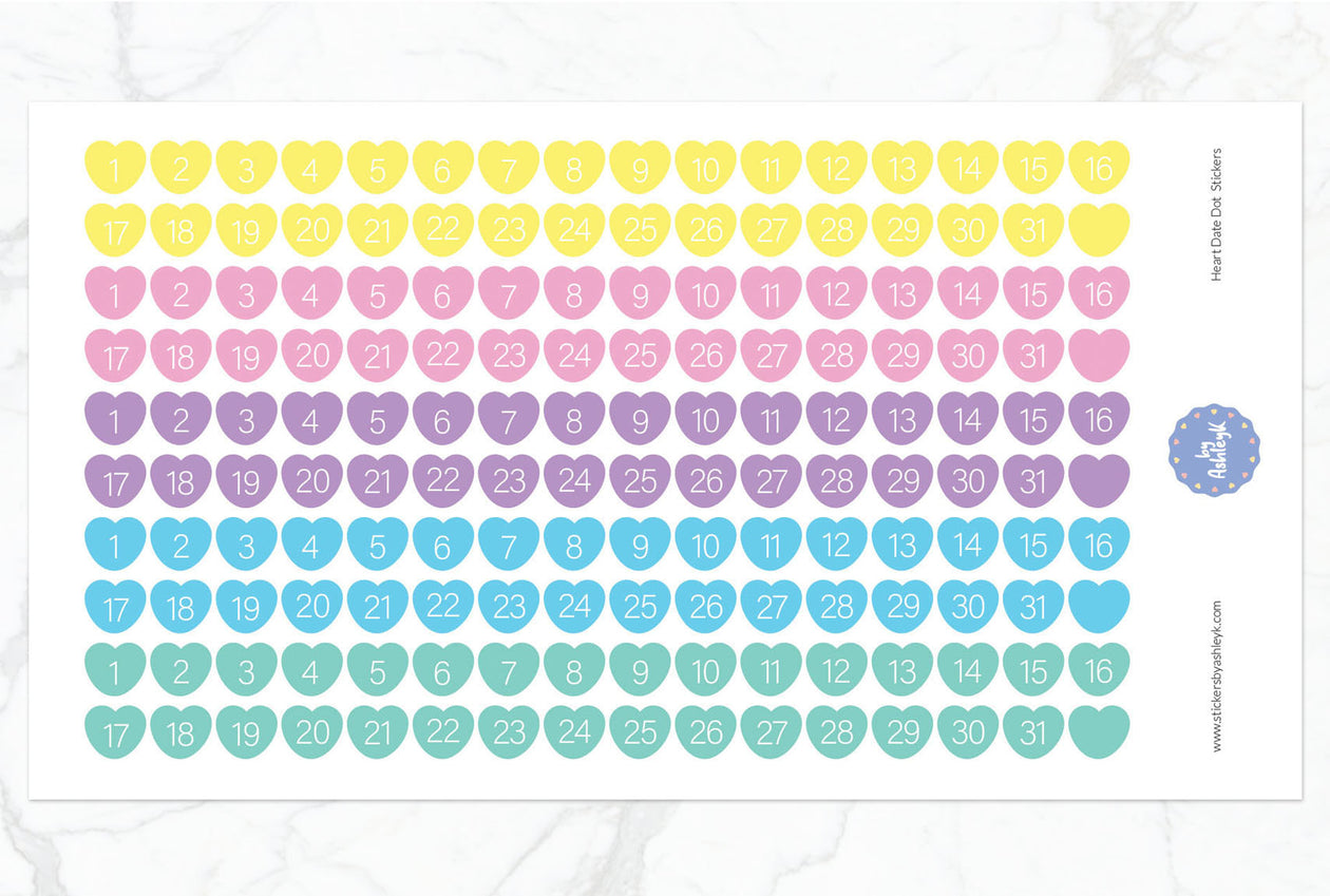 Heart Date Dot Planner Stickers - Pastel