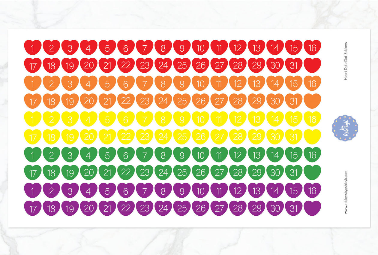 Heart Date Dot Planner Stickers - Rainbow