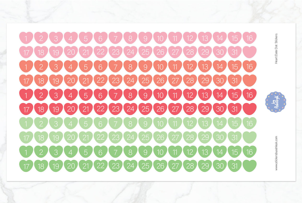 Heart Date Dot Planner Stickers - Strawberry
