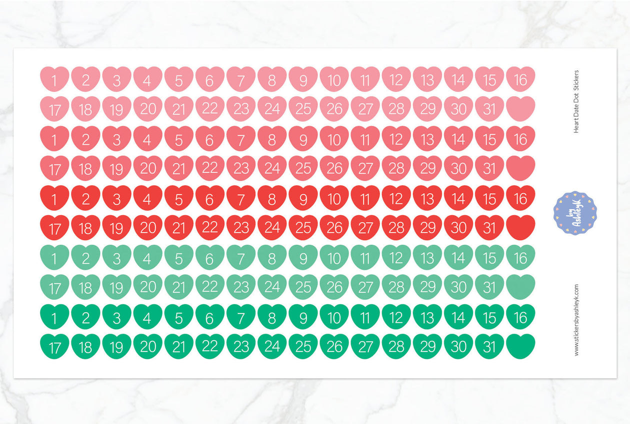 Heart Date Dot Planner Stickers - Watermelon
