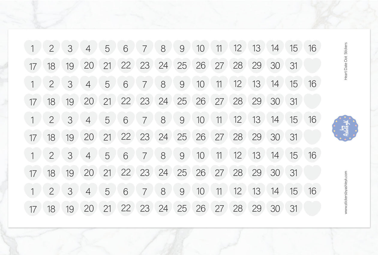 Heart Date Dot Planner Stickers - White