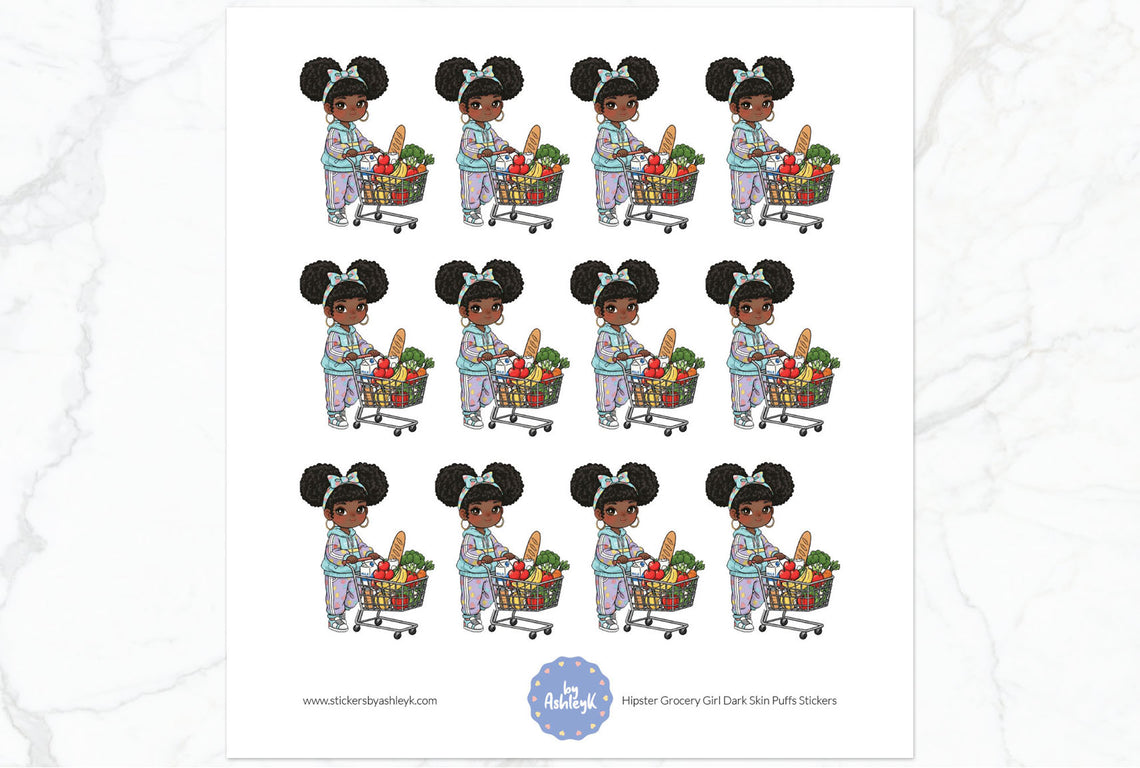 Hipster Grocery Girl Dark Skin Puffs Stickers