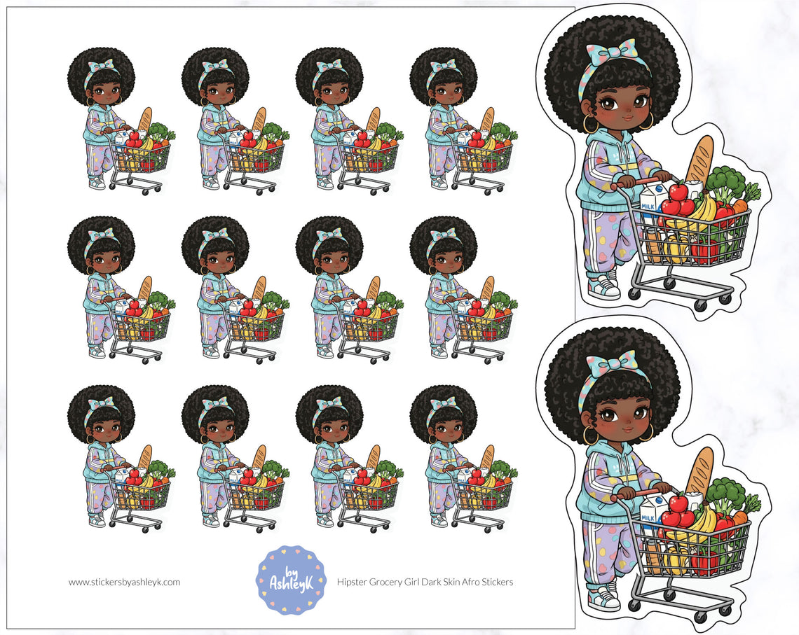 Hipster Grocery Girl Dark Skin Afro Stickers