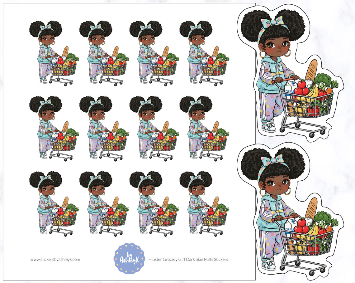 Hipster Grocery Girl Dark Skin Puffs Stickers