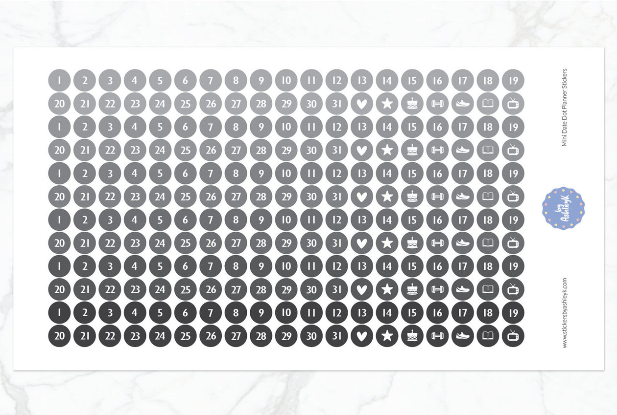 Mini Date Dot Planner Stickers - Monochrome