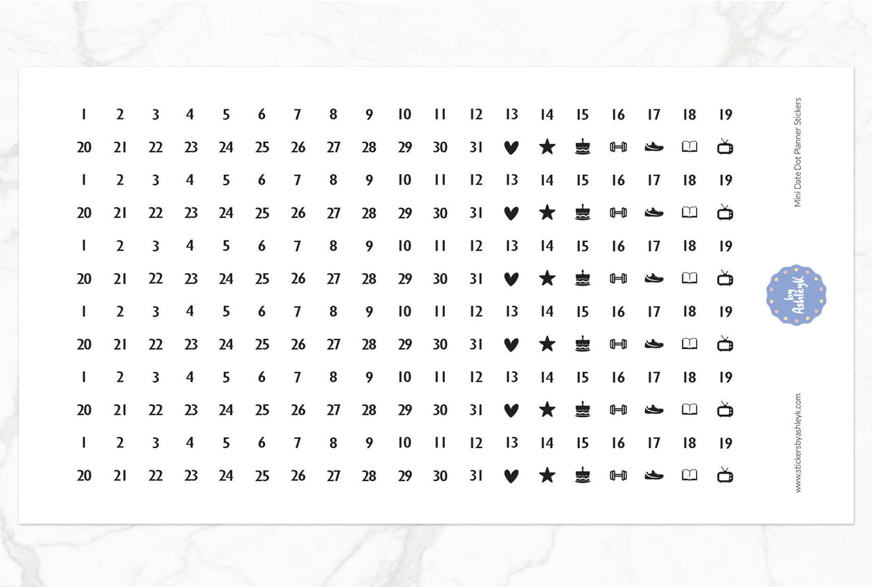 Mini Date Dot Planner Stickers - White