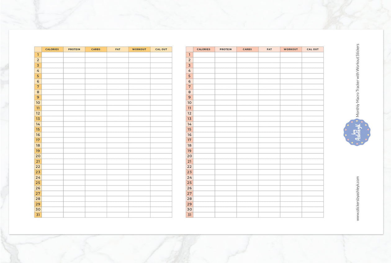 Monthly Macro Tracker with Workout Planner Stickers - Citrus