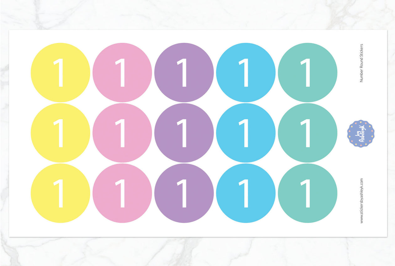 Number Round Stickers - Pastel