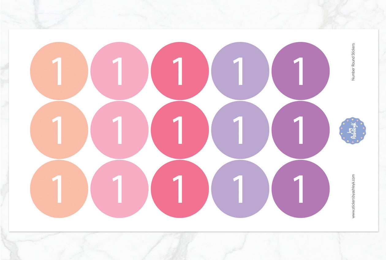 Number Round Stickers - Raspberry