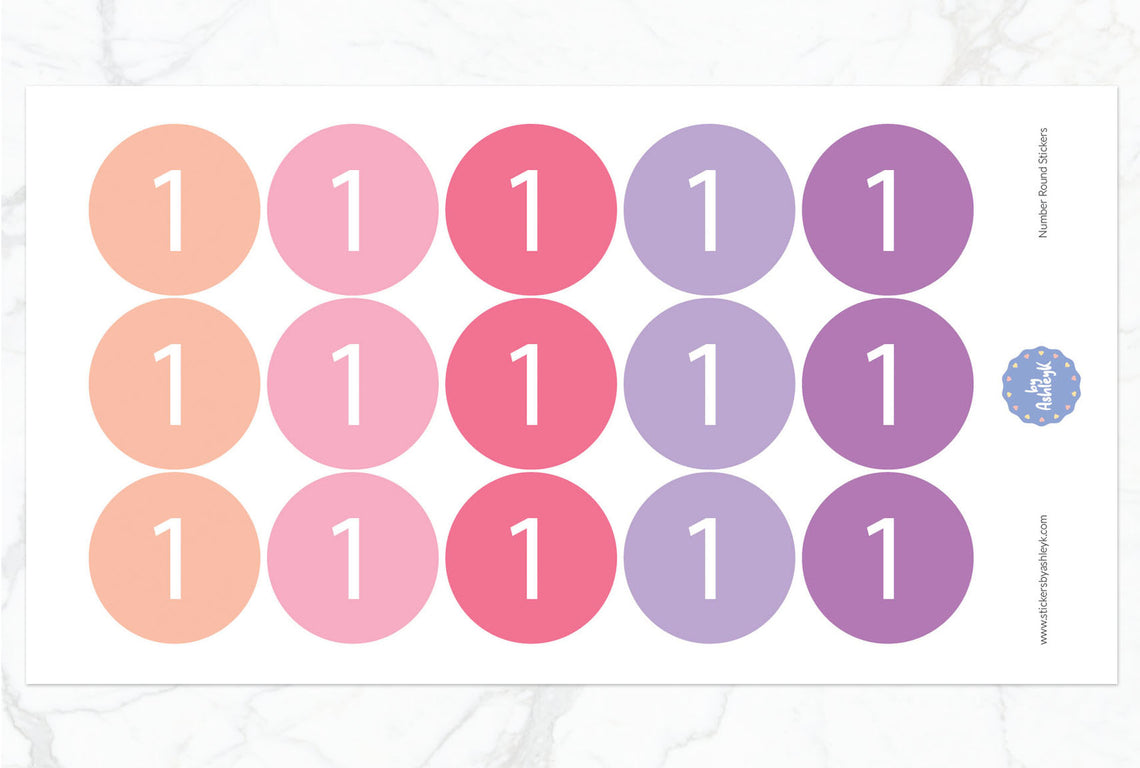 Number Round Stickers - Raspberry