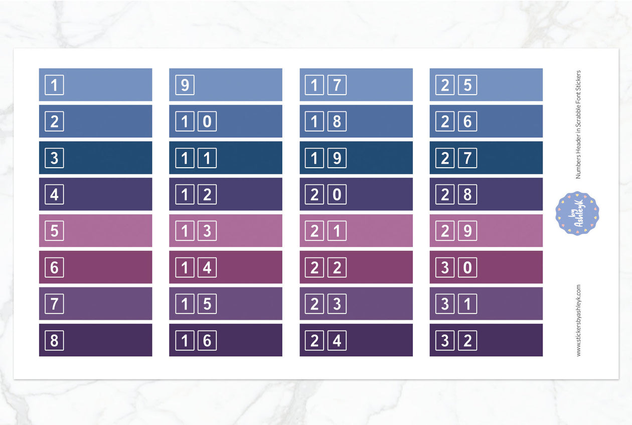 Numbers Header in Scrabble Font Planner Stickers - Blueberry