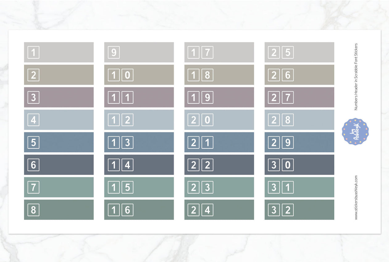 Numbers Header in Scrabble Font Planner Stickers - Modern Neutral