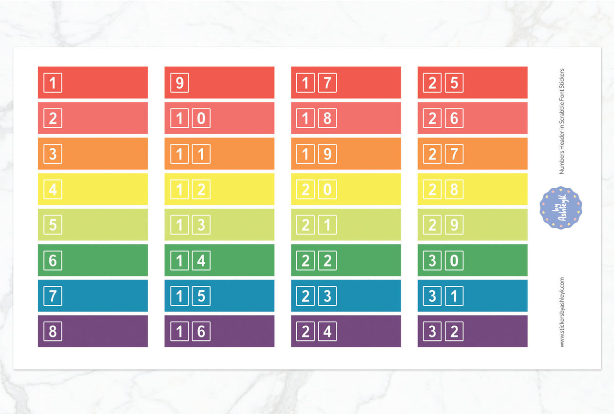 Numbers Header in Scrabble Font Planner Stickers - Pastel Rainbow