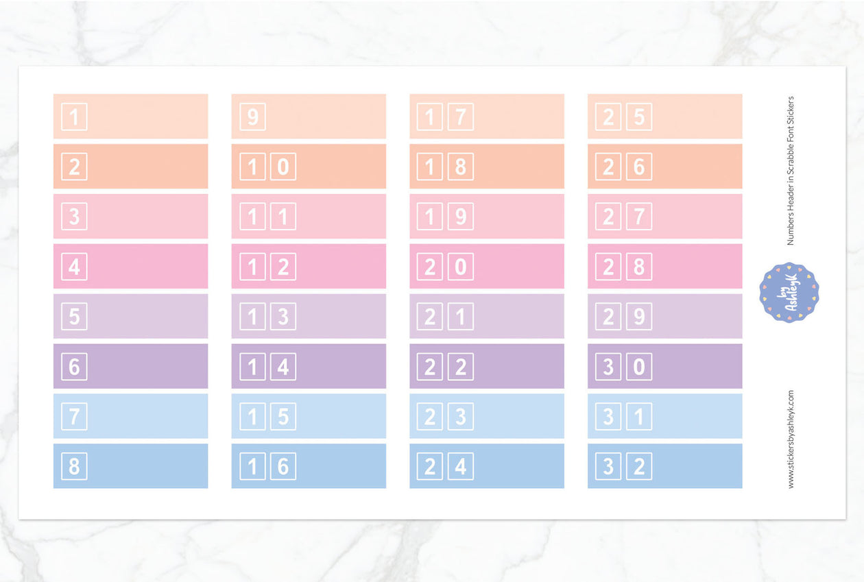 Numbers Header in Scrabble Font Planner Stickers - Pastel Sunset