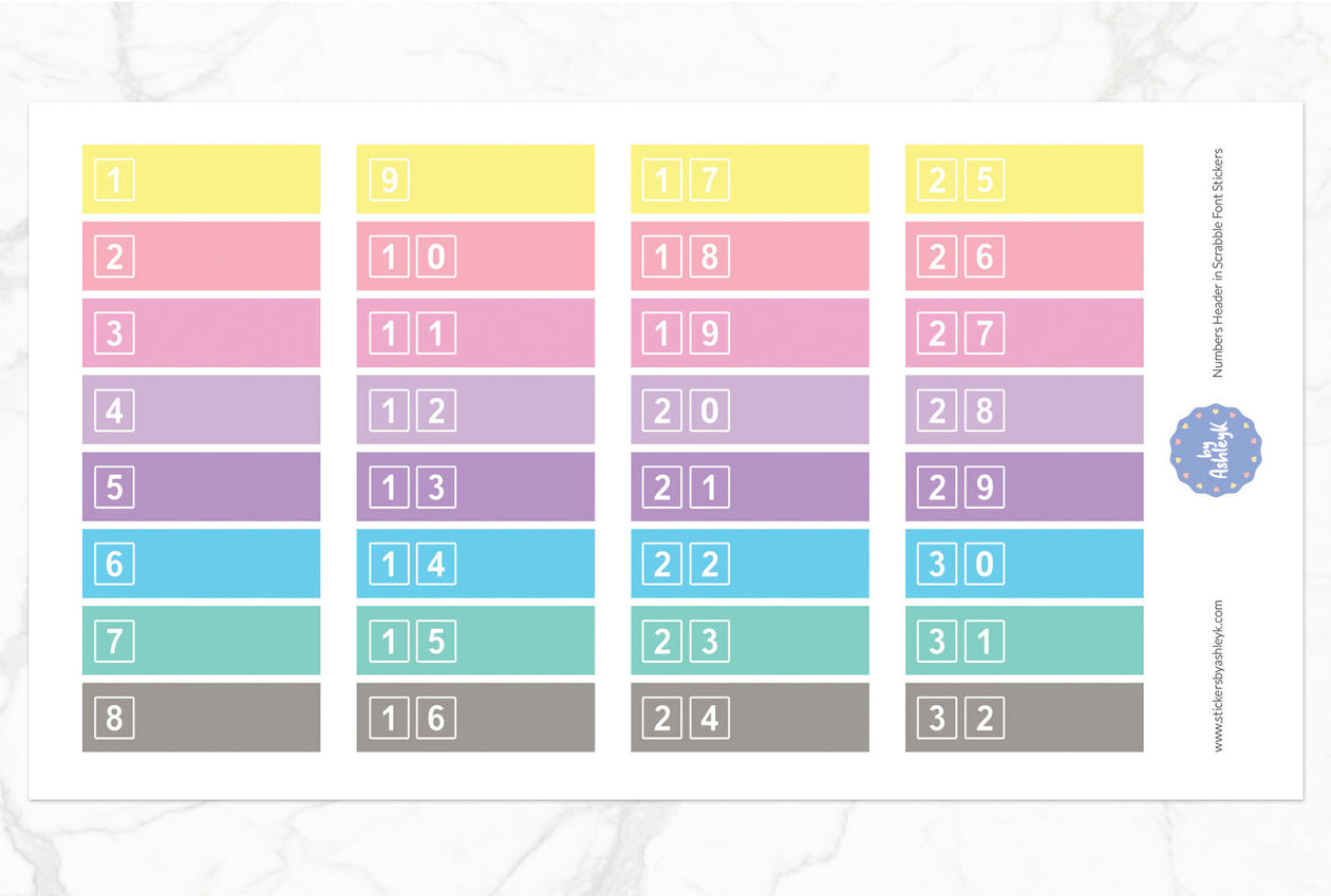 Numbers Header in Scrabble Font Planner Stickers - Pastel
