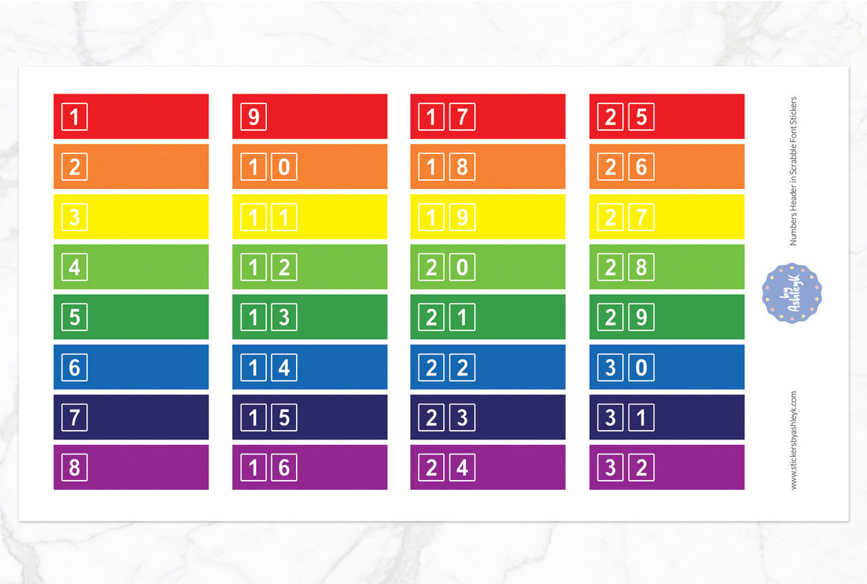 Numbers Header in Scrabble Font Planner Stickers - Rainbow