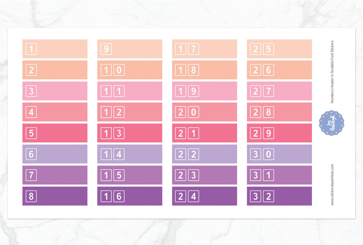 Numbers Header in Scrabble Font Planner Stickers - Raspberry