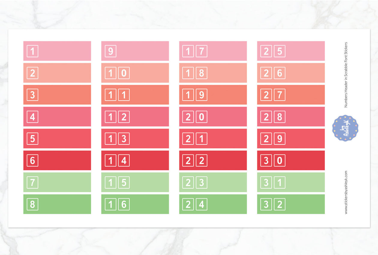 Numbers Header in Scrabble Font Planner Stickers - Strawberry