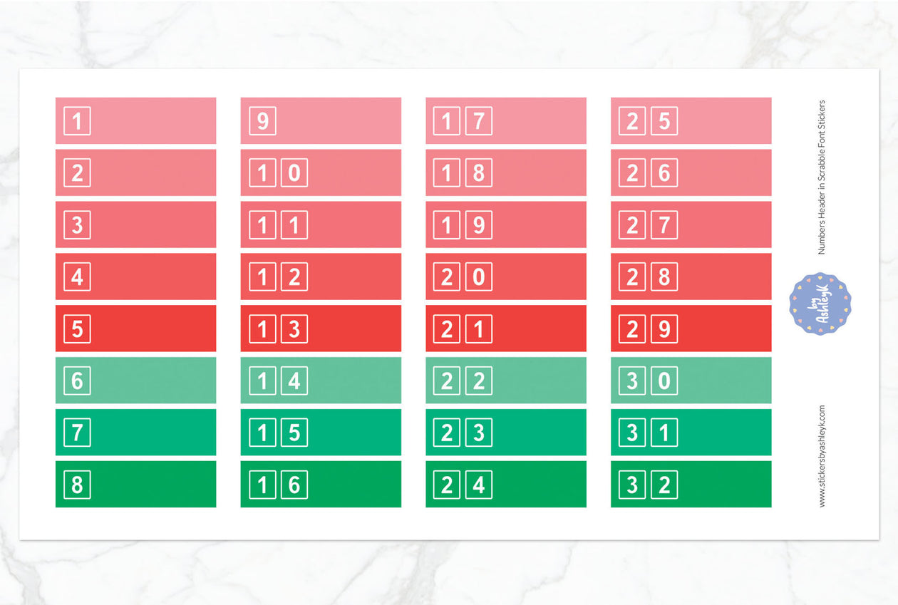 Numbers Header in Scrabble Font Planner Stickers - Watermelon