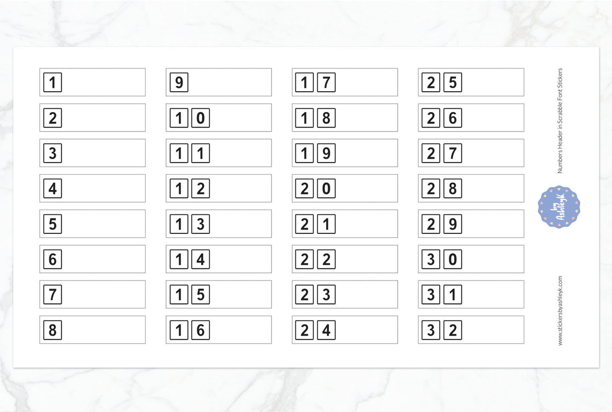 Numbers Header in Scrabble Font Planner Stickers - White