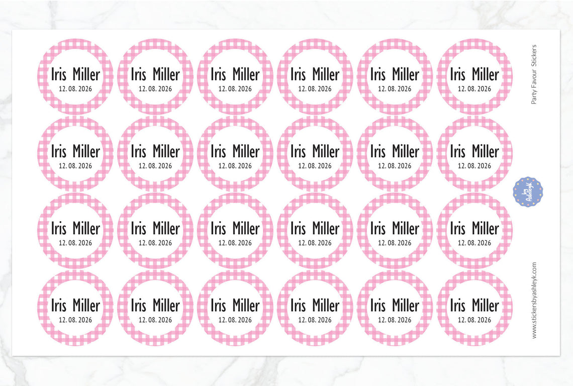 Party Favour Checkered Pattern Round Stickers 28mm Diameter - Pink