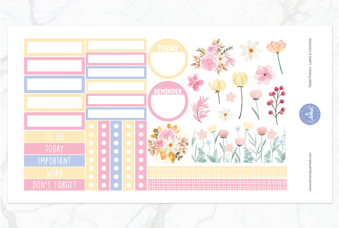 Pastel Flowers Weekly Spread Planner Stickers - Labels & Checklists