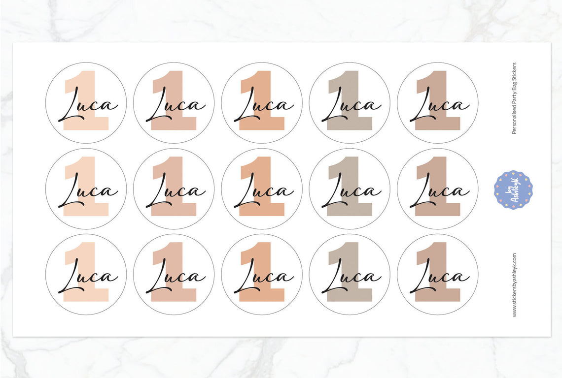 Personalised Birthday Party Bag Stickers - Beige Neutral
